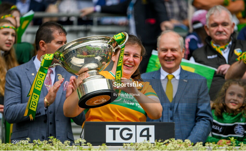 4 August 2024; Leitrim goalkeeper Michelle Monaghan lifts the Mary Quinn Memorial cup after the TG4 All-Ireland Ladies Football Intermediate Championship final match between Leitrim and Tyrone at Croke Park, Dublin. Photo by Ray McManus/Sportsfile
