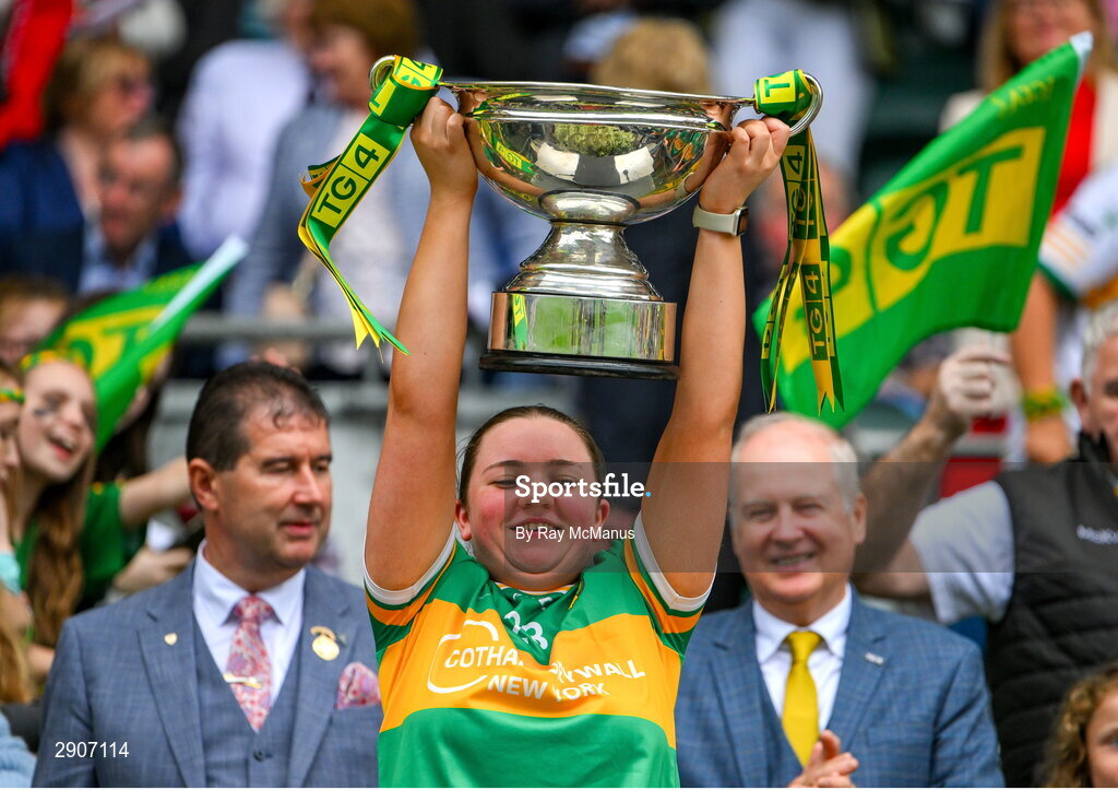 4 August 2024; Aoibh Treanor of Leitrim lifts the Mary Quinn Memorial cup after the TG4 All-Ireland Ladies Football Intermediate Championship final match between Leitrim and Tyrone at Croke Park, Dublin. Photo by Ray McManus/Sportsfile