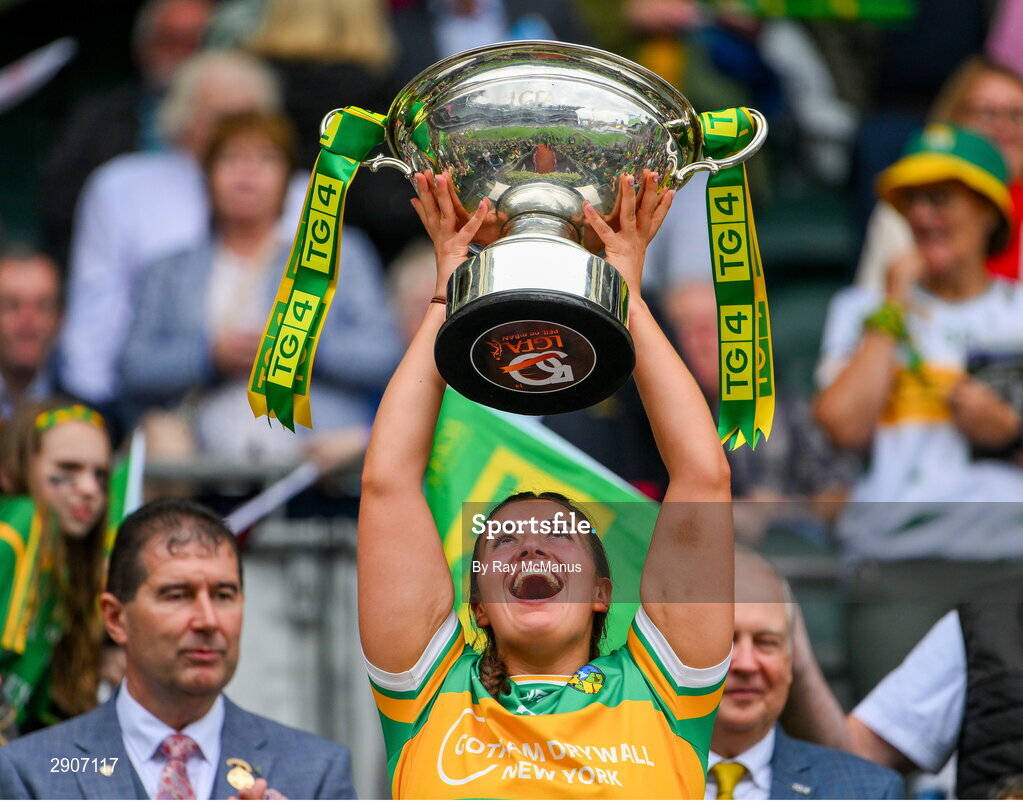 4 August 2024; Edel Shanley of Leitrim lifts the Mary Quinn Memorial cup after the TG4 All-Ireland Ladies Football Intermediate Championship final match between Leitrim and Tyrone at Croke Park, Dublin. Photo by Ray McManus/Sportsfile