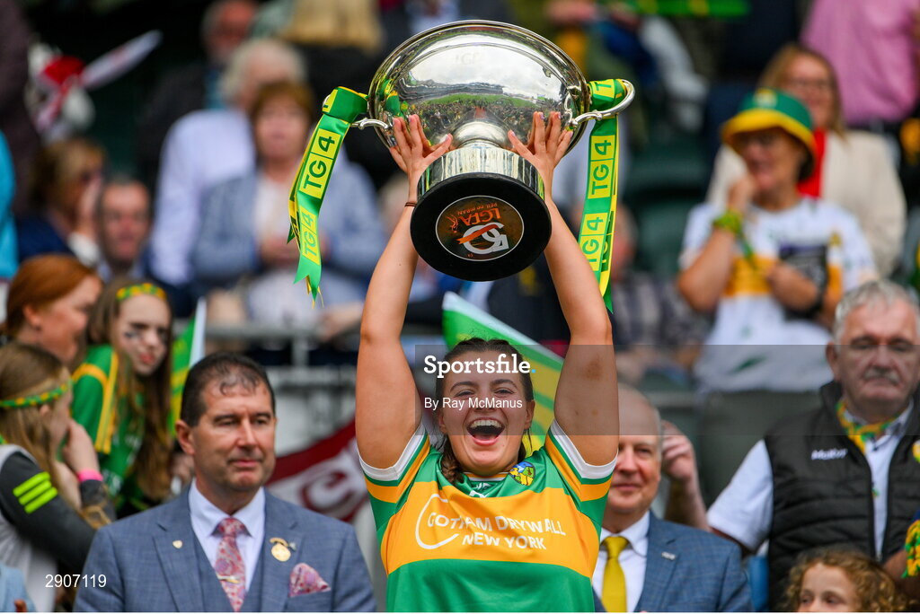 4 August 2024; Edel Shanley of Leitrim lifts the Mary Quinn Memorial cup after the TG4 All-Ireland Ladies Football Intermediate Championship final match between Leitrim and Tyrone at Croke Park, Dublin. Photo by Ray McManus/Sportsfile