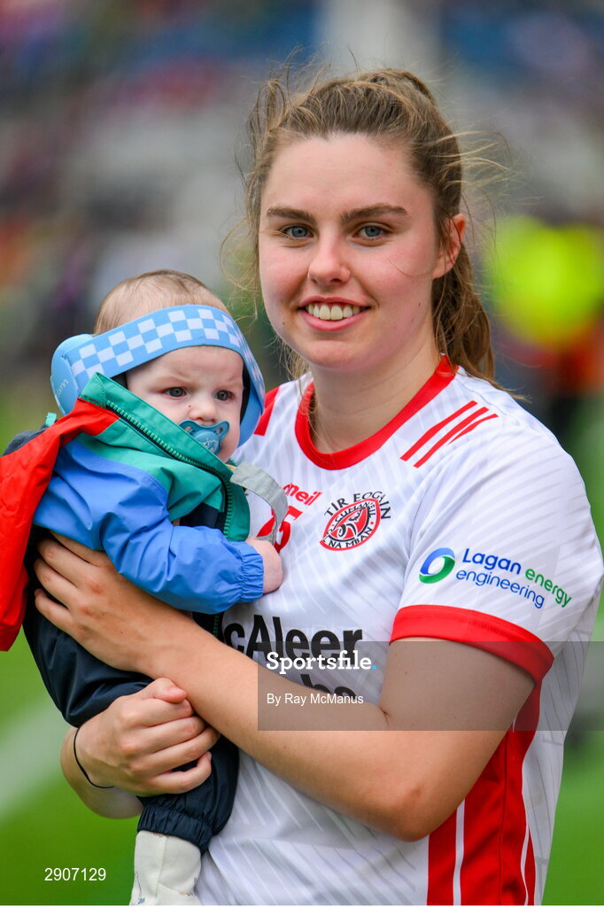 4 August 2024; Maria Canavan of Tyrone and her nephew James Canavan after the TG4 All-Ireland Ladies Football Intermediate Championship final match between Leitrim and Tyrone at Croke Park, Dublin. Photo by Ray McManus/Sportsfile