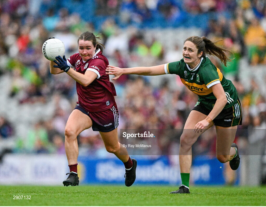 4 August 2024; Nicola Ward of Galway is tackled by Mary O'Connell of Kerry during the TG4 All-Ireland Ladies Football Senior Championship final match between Galway and Kerry at Croke Park, Dublin. Photo by Ray McManus/Sportsfile