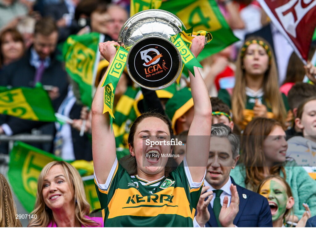 4 August 2024; Mary O'Connell of Kerry lifts the Brendan Martin cup after the TG4 All-Ireland Ladies Football Senior Championship final match between Galway and Kerry at Croke Park, Dublin. Photo by Ray McManus/Sportsfile