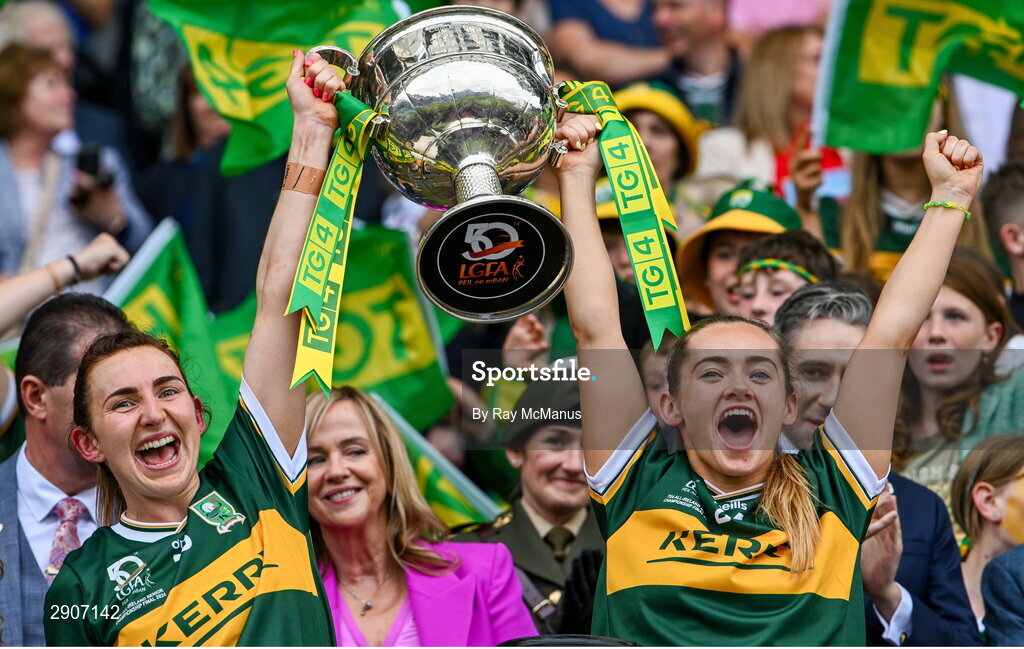 4 August 2024; Cáit Lynch, left, and Ciara McCarthy of Kerry lift the Brendan Martin cup after the TG4 All-Ireland Ladies Football Senior Championship final match between Galway and Kerry at Croke Park, Dublin. Photo by Ray McManus/Sportsfile