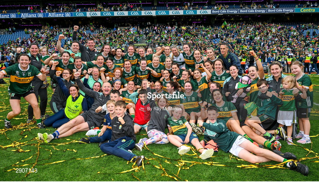 4 August 2024; Kerry captain Niamh Carmody with the Brendan Martin cup, players, officials and supporters celebrate after  the TG4 All-Ireland Ladies Football Senior Championship final match between Galway and Kerry at Croke Park, Dublin. Photo by Ray McManus/Sportsfile