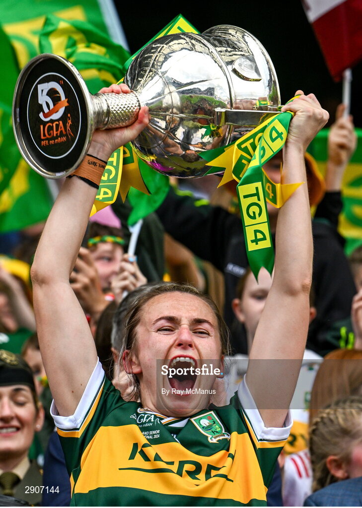 4 August 2024; Kerry captain Niamh Carmody lifts the Brendan Martin cup after the TG4 All-Ireland Ladies Football Senior Championship final match between Galway and Kerry at Croke Park, Dublin. Photo by Ray McManus/Sportsfile