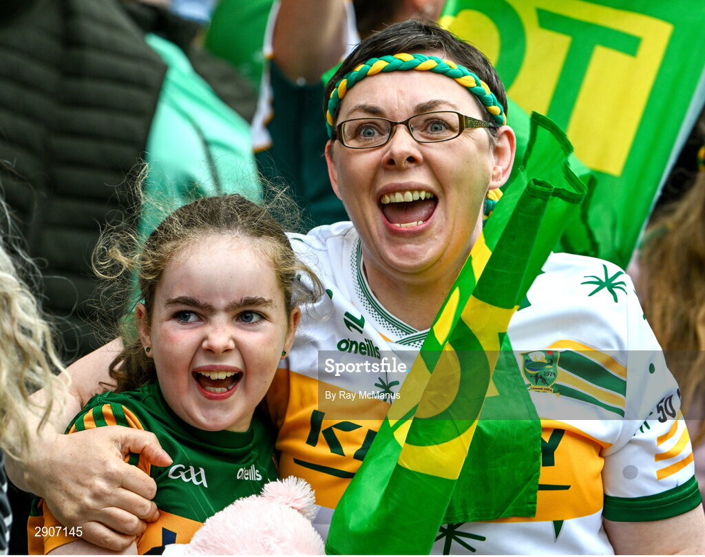 4 August 2024; Kerry supporters Cloe, ten years, and her mother Bridget Ahern, from Miltown, celebrate a late score during the TG4 All-Ireland Ladies Football Senior Championship final match between Galway and Kerry at Croke Park, Dublin. Photo by Ray McManus/Sportsfile