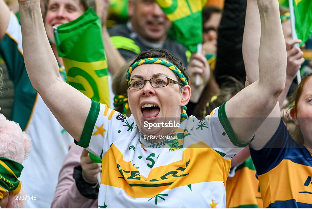 4 August 2024; Kerry supporter, Bridget Ahern, from Miltown, celebrates a late score during the TG4 All-Ireland Ladies Football Senior Championship final match between Galway and Kerry at Croke Park, Dublin. Photo by Ray McManus/Sportsfile