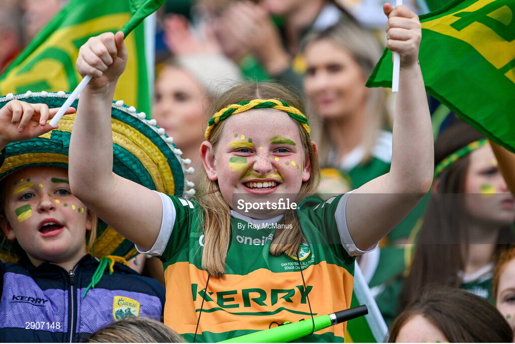 4 August 2024; A Kerry supporter, in the Hogan Stand, during the TG4 All-Ireland Ladies Football Senior Championship final match between Galway and Kerry at Croke Park, Dublin. Photo by Ray McManus/Sportsfile