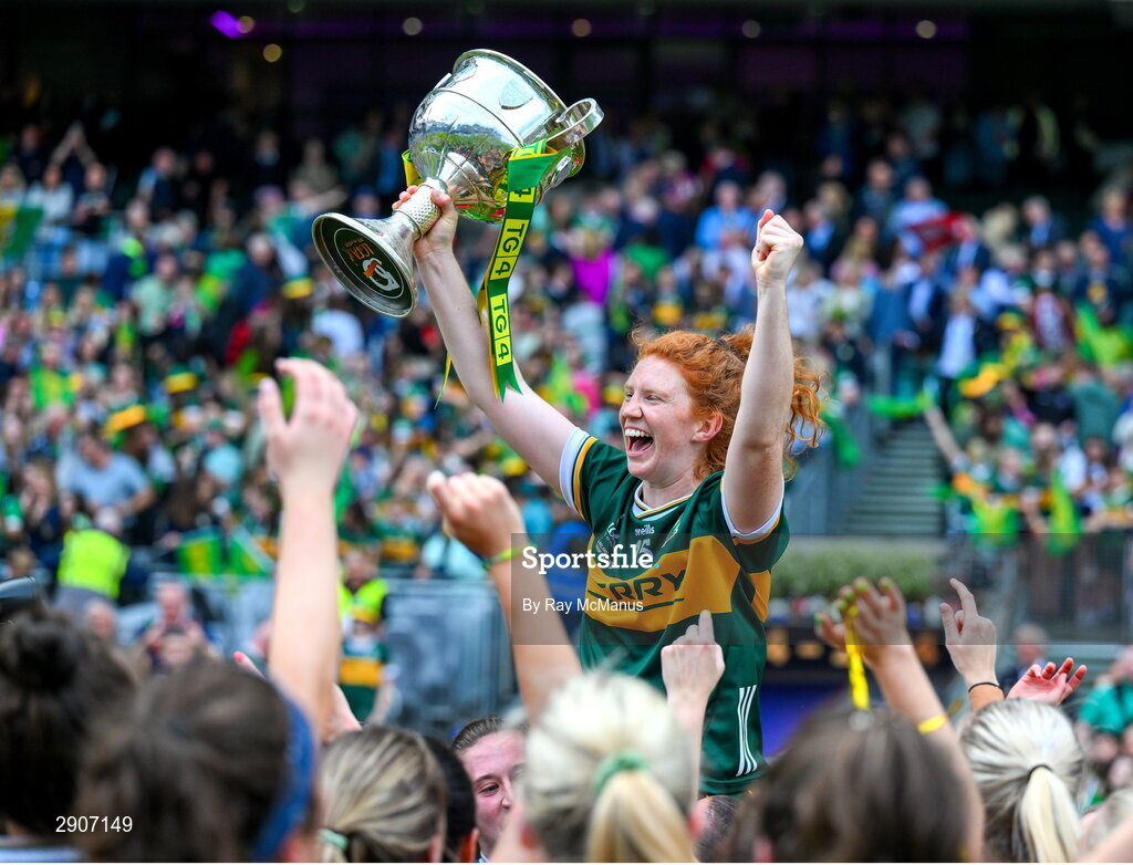 4 August 2024; Louise Ní Mhuircheartaigh of Kerry with the Brendan Martin cup after the TG4 All-Ireland Ladies Football Senior Championship final match between Galway and Kerry at Croke Park, Dublin. Photo by Ray McManus/Sportsfile