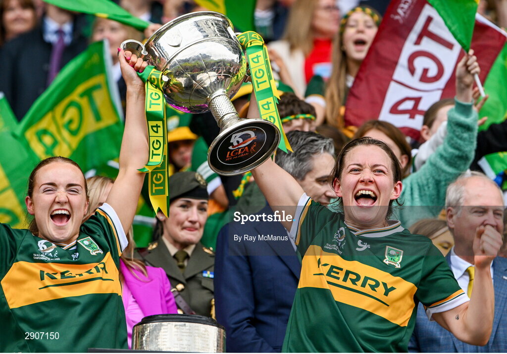 4 August 2024; Katie Brosnan, left, and Anna Galvin of Kerry the Brendan Martin cup after the TG4 All-Ireland Ladies Football Senior Championship final match between Galway and Kerry at Croke Park, Dublin. Photo by Ray McManus/Sportsfile