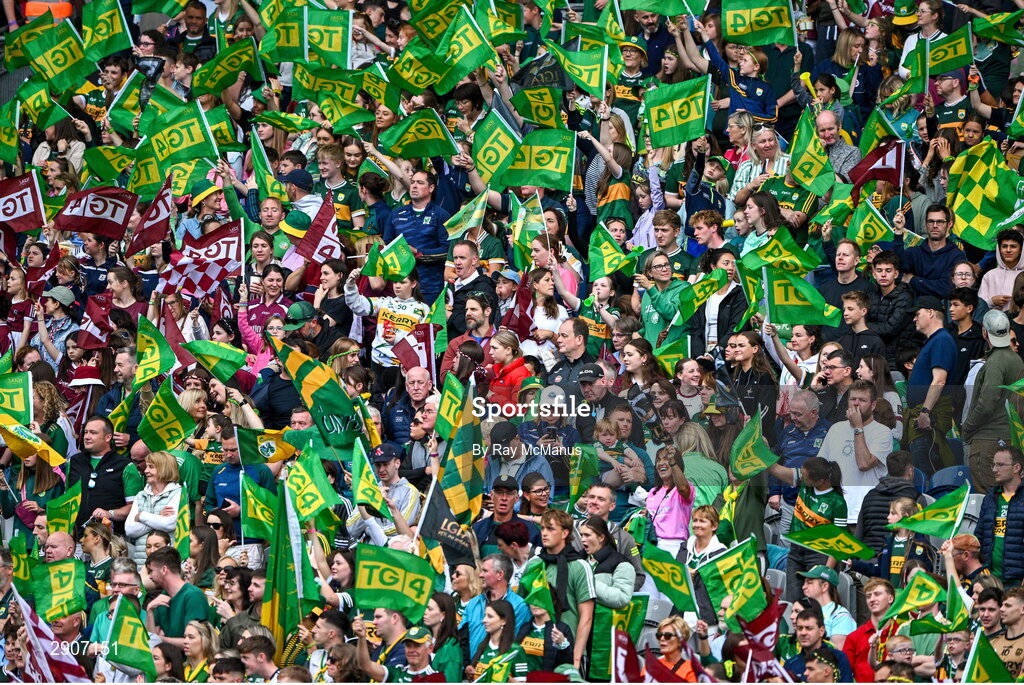 4 August 2024; Galway and Kerry supporters with flags before the TG4 All-Ireland Ladies Football Senior Championship final match between Galway and Kerry at Croke Park, Dublin. Photo by Ray McManus/Sportsfile
