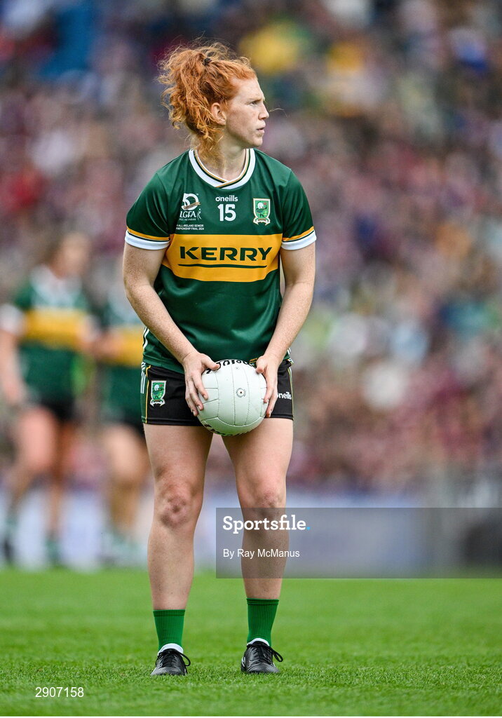 4 August 2024; Louise Ní Mhuircheartaigh of Kerry prepares to take a free kick during the TG4 All-Ireland Ladies Football Senior Championship final match between Galway and Kerry at Croke Park, Dublin. Photo by Ray McManus/Sportsfile