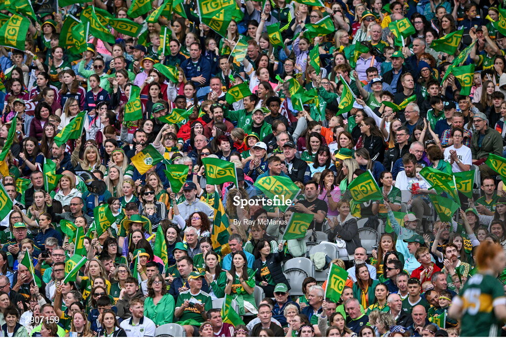 4 August 2024; Kerry supporters, in the Hogan Stand, during the TG4 All-Ireland Ladies Football Senior Championship final match between Galway and Kerry at Croke Park, Dublin. Photo by Ray McManus/Sportsfile