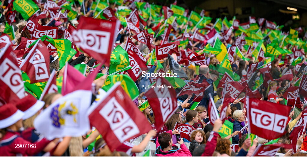 4 August 2024; Galway and Kerry supporters with flags before the TG4 All-Ireland Ladies Football Senior Championship final match between Galway and Kerry at Croke Park, Dublin. Photo by Ray McManus/Sportsfile