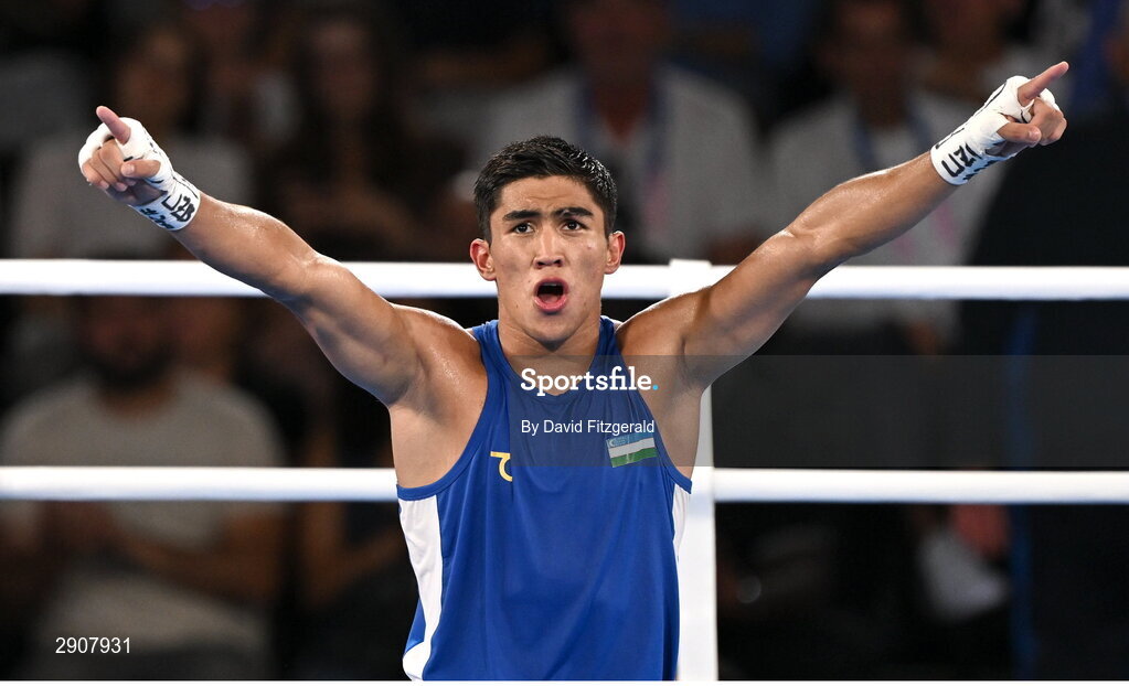 6 August 2024; Asadkhuja Muydinkhujaev of Team Uzbekistan celebrates defeating Omari Jones of Team United States in their men's 71kg semi-final bout at Court Philippe-Chatrier in Roland Garros Stadium during the 2024 Paris Summer Olympic Games in Paris, France. Photo by David Fitzgerald/Sportsfile