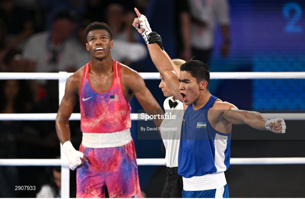 6 August 2024; Asadkhuja Muydinkhujaev of Team Uzbekistan celebrates defeating Omari Jones of Team United States in their men's 71kg semi-final bout at Court Philippe-Chatrier in Roland Garros Stadium during the 2024 Paris Summer Olympic Games in Paris, France. Photo by David Fitzgerald/Sportsfile