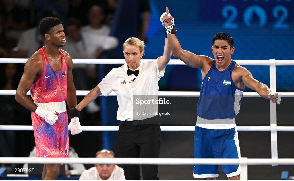 6 August 2024; Asadkhuja Muydinkhujaev of Team Uzbekistan celebrates defeating Omari Jones of Team United States in their men's 71kg semi-final bout at Court Philippe-Chatrier in Roland Garros Stadium during the 2024 Paris Summer Olympic Games in Paris, France. Photo by David Fitzgerald/Sportsfile