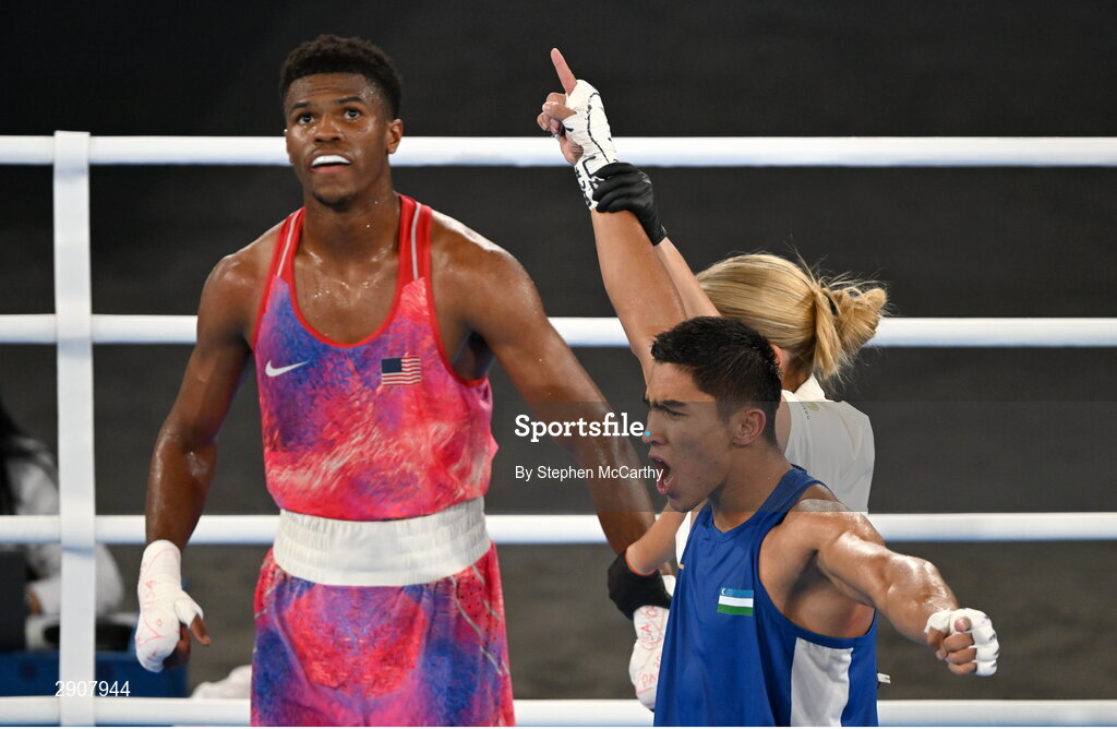 6 August 2024; Asadkhuja Muydinkhujaev of Team Uzbekistan celebrates defeating Omari Jones of Team United States in their men's 71kg semi-final bout at Court Philippe-Chatrier in Roland Garros Stadium during the 2024 Paris Summer Olympic Games in Paris, France. Photo by Stephen McCarthy/Sportsfile