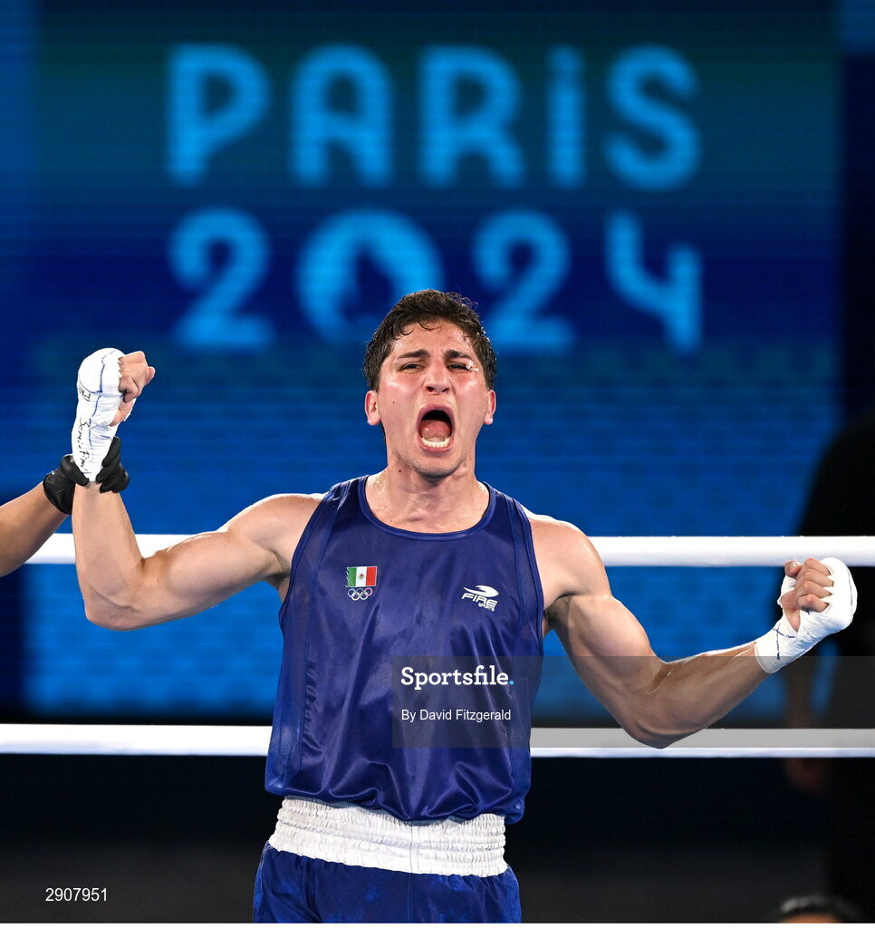 6 August 2024; Marco Alonso Verde Alvarez of Team Mexico celebrates defeating Lewis Richardson of Team Great Britain in their men's 71kg semi-final bout at Court Philippe-Chatrier in Roland Garros Stadium during the 2024 Paris Summer Olympic Games in Paris, France. Photo by David Fitzgerald/Sportsfile