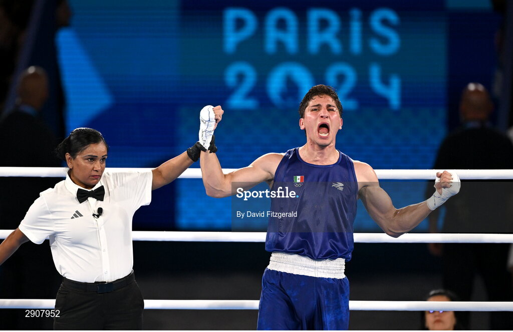 6 August 2024; Marco Alonso Verde Alvarez of Team Mexico celebrates defeating Lewis Richardson of Team Great Britain during their men's 71kg semi-final bout at Court Philippe-Chatrier in Roland Garros Stadium during the 2024 Paris Summer Olympic Games in Paris, France. Photo by David Fitzgerald/Sportsfile