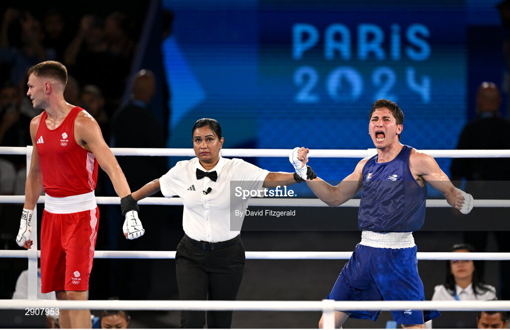 6 August 2024; Marco Alonso Verde Alvarez of Team Mexico celebrates defeating Lewis Richardson of Team Great Britain in their men's 71kg semi-final bout at Court Philippe-Chatrier in Roland Garros Stadium during the 2024 Paris Summer Olympic Games in Paris, France. Photo by David Fitzgerald/Sportsfile