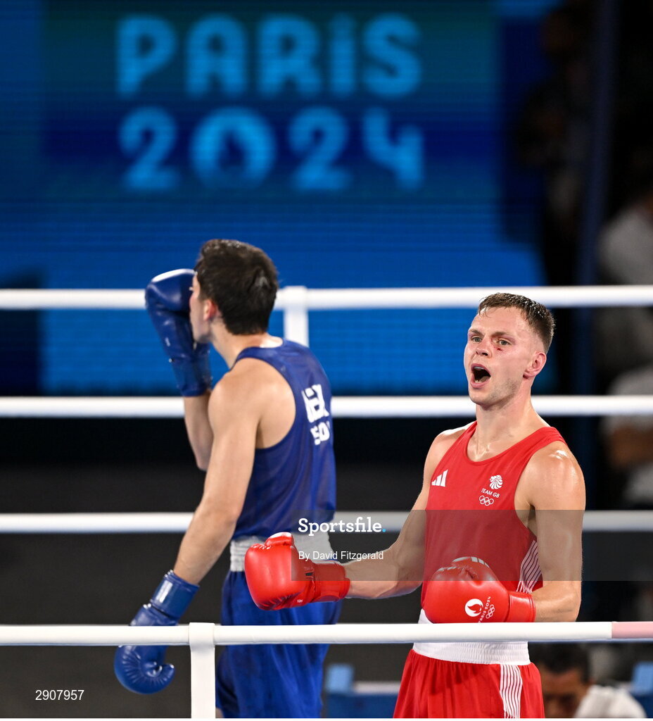 6 August 2024; Lewis Richardson of Team Great Britain after his defeat to Marco Alonso Verde Alvarez of Team Mexico during their men's 71kg semi-final bout at Court Philippe-Chatrier in Roland Garros Stadium during the 2024 Paris Summer Olympic Games in Paris, France. Photo by David Fitzgerald/Sportsfile