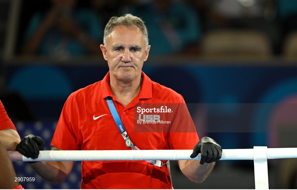 6 August 2024; Team United States head coach Billy Walsh watches on during the bout between Omari Jones of Team United States and Asadkhuja Muydinkhujaev of Team Uzbekistan in the men's 71kg semi-final bout at Court Philippe-Chatrier in Roland Garros Stadium during the 2024 Paris Summer Olympic Games in Paris, France. Photo by Brendan Moran/Sportsfile