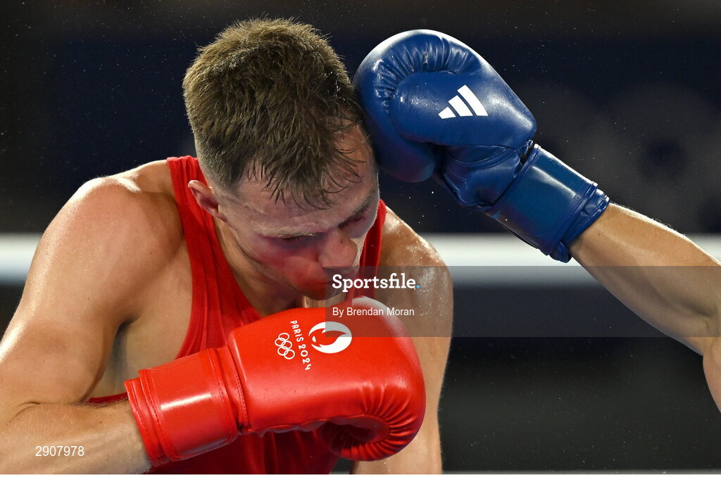 6 August 2024; Lewis Richardson of Team Great Britain during his men's 71kg semi-final bout against Marco Alonso Verde Alvarez of Team Mexico at Court Philippe-Chatrier in Roland Garros Stadium during the 2024 Paris Summer Olympic Games in Paris, France. Photo by Brendan Moran/Sportsfile