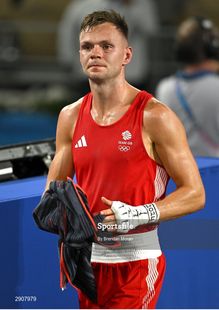 6 August 2024; Lewis Richardson of Team Great Britain after his defeat to Marco Alonso Verde Alvarez of Team Mexico during their men's 71kg semi-final bout at Court Philippe-Chatrier in Roland Garros Stadium during the 2024 Paris Summer Olympic Games in Paris, France. Photo by Brendan Moran/Sportsfile