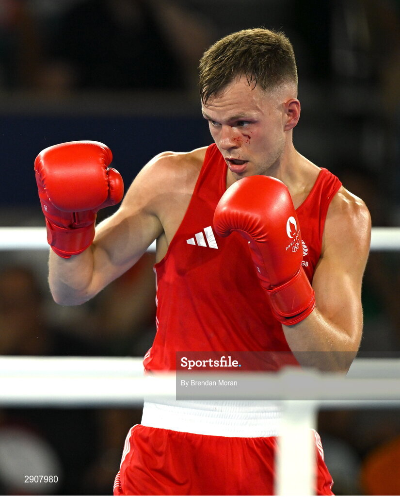6 August 2024; Lewis Richardson of Team Great Britain during his men's 71kg semi-final bout against Marco Alonso Verde Alvarez of Team Mexico at Court Philippe-Chatrier in Roland Garros Stadium during the 2024 Paris Summer Olympic Games in Paris, France. Photo by Brendan Moran/Sportsfile