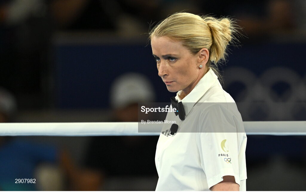 6 August 2024; Referee Susann Kopke of Germany during the men's 71kg semi-final bout between Omari Jones of Team United States and Asadkhuja Muydinkhujaev of Team Uzbekistan at Court Philippe-Chatrier in Roland Garros Stadium during the 2024 Paris Summer Olympic Games in Paris, France. Photo by Brendan Moran/Sportsfile