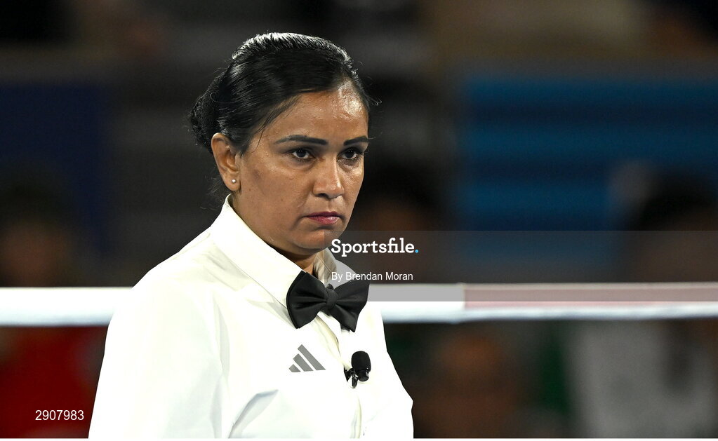 6 August 2024; Referee Nelka Thampu of Sri Lanka during the men's 71kg semi-final bout between Lewis Richardson of Team Great Britain and Marco Alonso Verde Alvarez of Team Mexico at Court Philippe-Chatrier in Roland Garros Stadium during the 2024 Paris Summer Olympic Games in Paris, France. Photo by Brendan Moran/Sportsfile