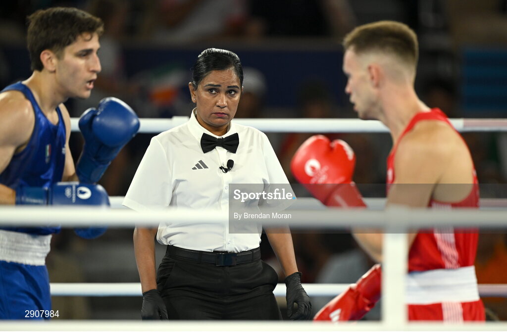 6 August 2024; Referee Nelka Thampu of Sri Lanka during the men's 71kg semi-final bout between Lewis Richardson of Team Great Britain and Marco Alonso Verde Alvarez of Team Mexico at Court Philippe-Chatrier in Roland Garros Stadium during the 2024 Paris Summer Olympic Games in Paris, France. Photo by Brendan Moran/Sportsfile