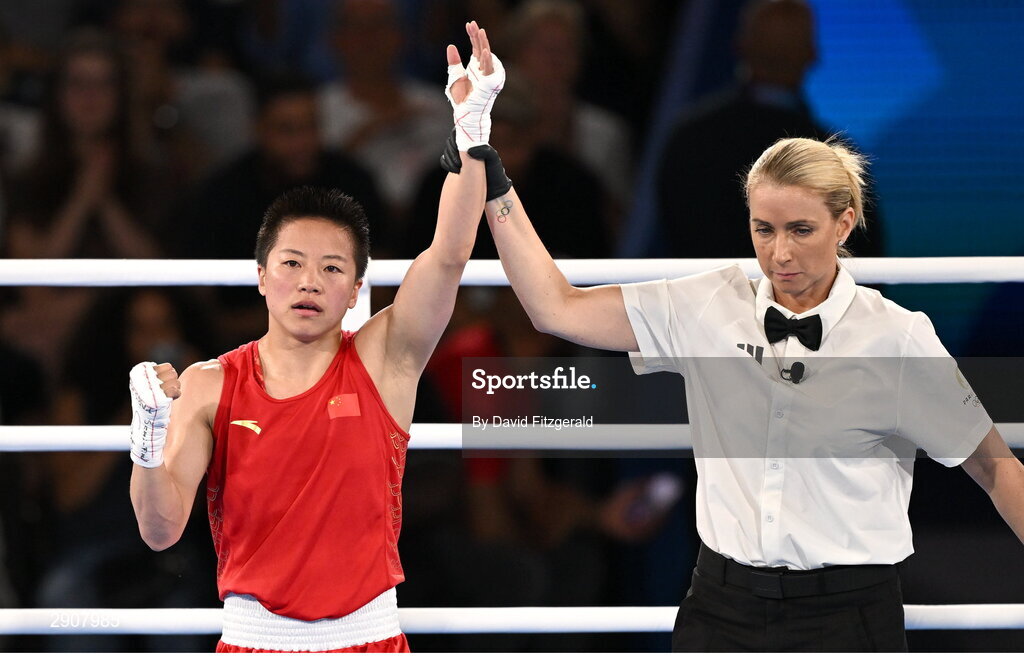 6 August 2024; Yu Wu of Team People's Republic of China after defeating Nazym Kyzaibay of Team Kazakhstan in their women's 50kg semi-final bout at Court Philippe-Chatrier in Roland Garros Stadium during the 2024 Paris Summer Olympic Games in Paris, France. Photo by David Fitzgerald/Sportsfile