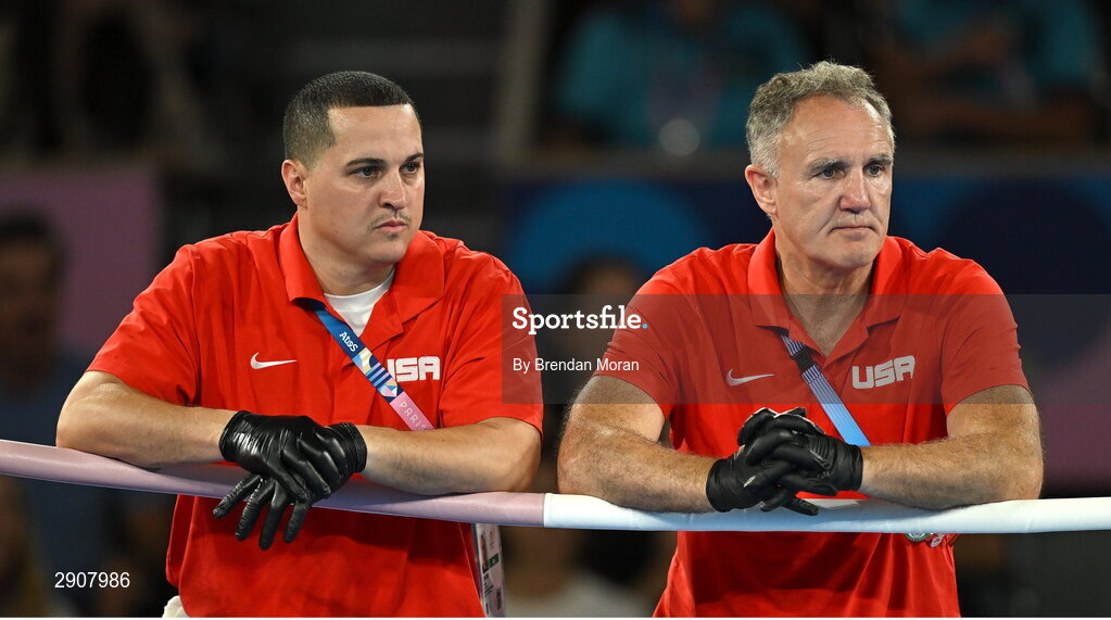 6 August 2024; Team United States boxing coaches Timothy Nolan, left, and head coach Billy Walsh during the 2024 Paris Summer Olympic Games in Paris, France. Photo by Brendan Moran/Sportsfile