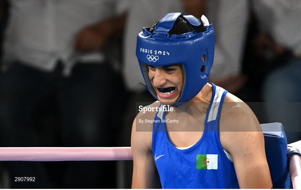 6 August 2024; Imane Khelif of Team Algeria before her women's 66kg semi-final bout against Janjaem Suwannapheng of Team Thailand at Court Philippe-Chatrier in Roland Garros Stadium during the 2024 Paris Summer Olympic Games in Paris, France. Photo by Stephen McCarthy/Sportsfile