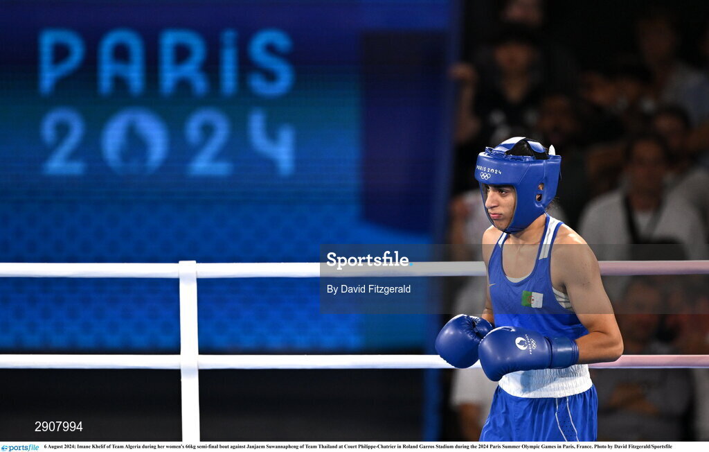 6 August 2024; Imane Khelif of Team Algeria during her women's 66kg semi-final bout against Janjaem Suwannapheng of Team Thailand at Court Philippe-Chatrier in Roland Garros Stadium during the 2024 Paris Summer Olympic Games in Paris, France. Photo by David Fitzgerald/Sportsfile