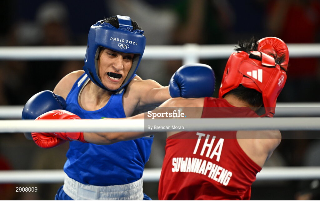 6 August 2024; Imane Khelif of Team Algeria during her women's 66kg semi-final bout against Janjaem Suwannapheng of Team Thailand at Court Philippe-Chatrier in Roland Garros Stadium during the 2024 Paris Summer Olympic Games in Paris, France. Photo by Brendan Moran/Sportsfile