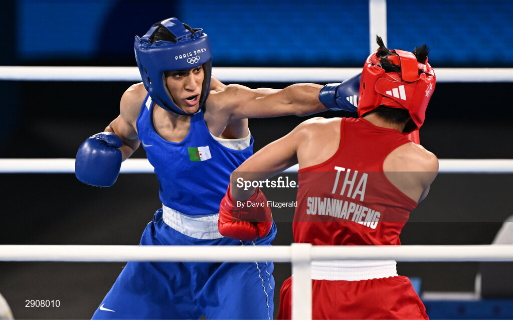 6 August 2024; Imane Khelif of Team Algeria, left, and Janjaem Suwannapheng of Team Thailand during their women's 66kg semi-final bout at Court Philippe-Chatrier in Roland Garros Stadium during the 2024 Paris Summer Olympic Games in Paris, France. Photo by David Fitzgerald/Sportsfile