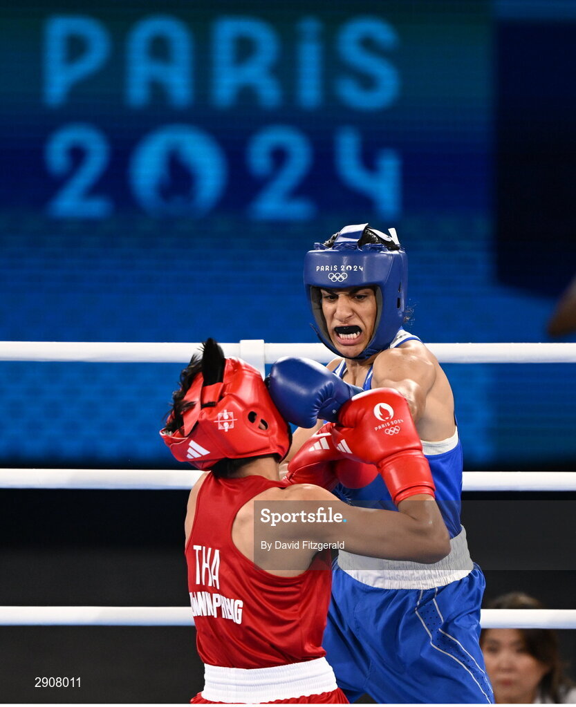 6 August 2024; Imane Khelif of Team Algeria, right, and Janjaem Suwannapheng of Team Thailand during their women's 66kg semi-final bout at Court Philippe-Chatrier in Roland Garros Stadium during the 2024 Paris Summer Olympic Games in Paris, France. Photo by David Fitzgerald/Sportsfile