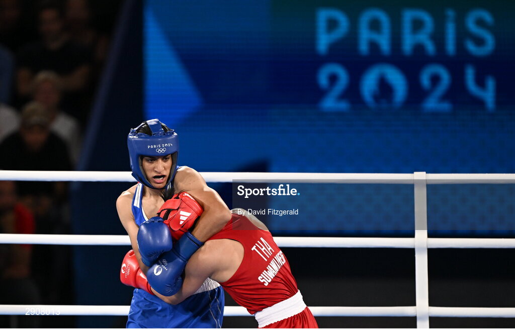 6 August 2024; Imane Khelif of Team Algeria, left, and Janjaem Suwannapheng of Team Thailand during their women's 66kg semi-final bout at Court Philippe-Chatrier in Roland Garros Stadium during the 2024 Paris Summer Olympic Games in Paris, France. Photo by David Fitzgerald/Sportsfile