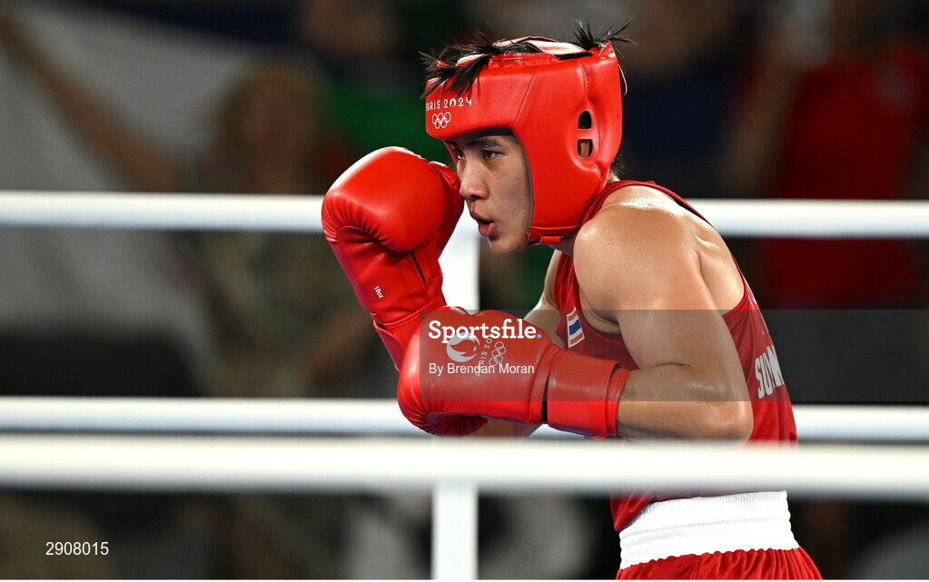 6 August 2024; Janjaem Suwannapheng of Team Thailand during her women's 66kg semi-final bout against Imane Khelif of Team Algeria at Court Philippe-Chatrier in Roland Garros Stadium during the 2024 Paris Summer Olympic Games in Paris, France. Photo by Brendan Moran/Sportsfile