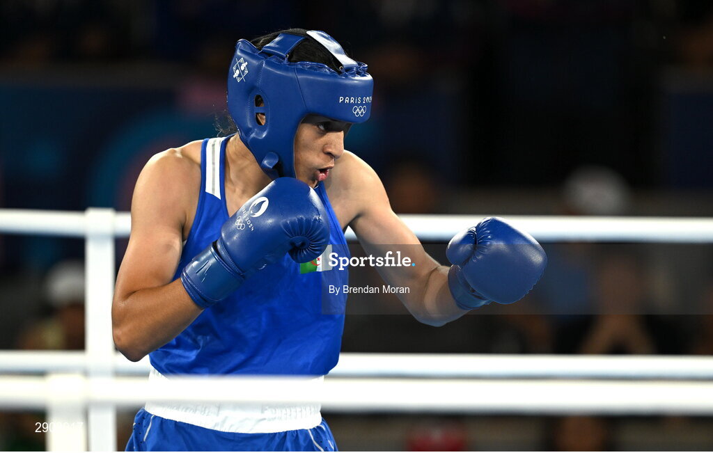 6 August 2024; Imane Khelif of Team Algeria during her women's 66kg semi-final bout against Janjaem Suwannapheng of Team Thailand at Court Philippe-Chatrier in Roland Garros Stadium during the 2024 Paris Summer Olympic Games in Paris, France. Photo by Brendan Moran/Sportsfile