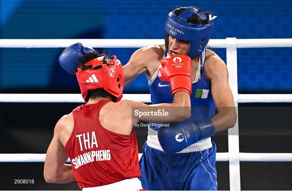6 August 2024; Imane Khelif of Team Algeria, right, and Janjaem Suwannapheng of Team Thailand during their women's 66kg semi-final bout at Court Philippe-Chatrier in Roland Garros Stadium during the 2024 Paris Summer Olympic Games in Paris, France. Photo by David Fitzgerald/Sportsfile