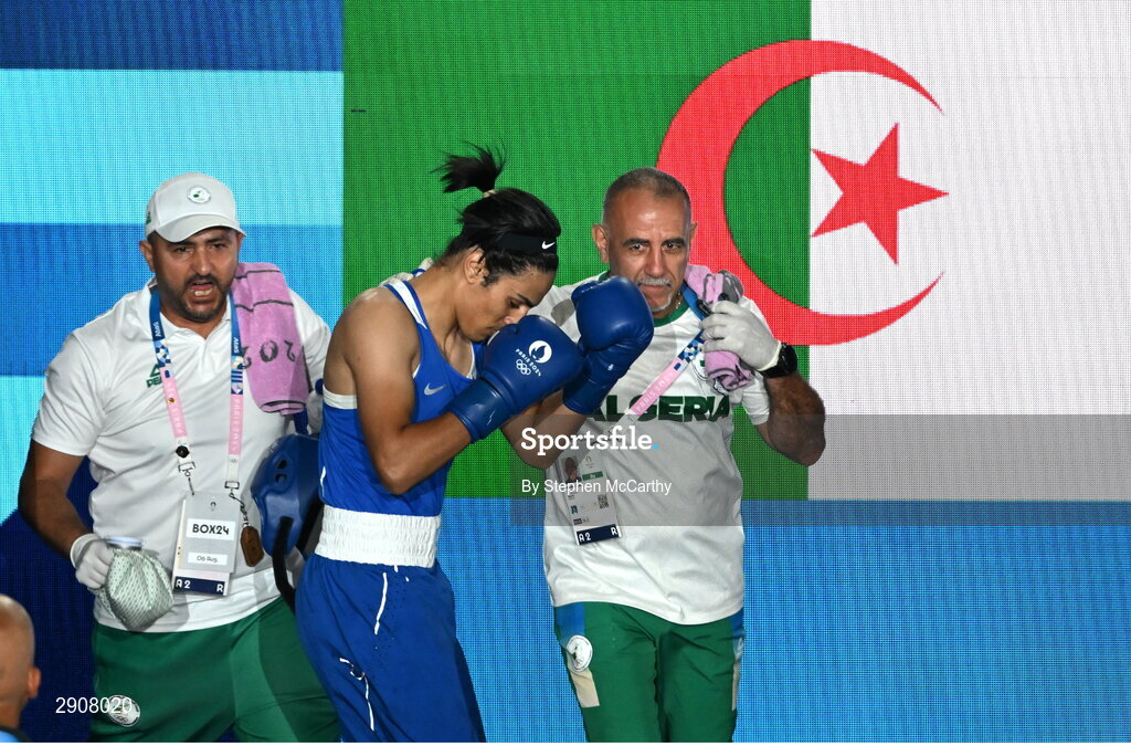 6 August 2024; Imane Khelif of Team Algeria makes her way out for her women's 66kg semi-final bout against Janjaem Suwannapheng of Team Thailand at Court Philippe-Chatrier in Roland Garros Stadium during the 2024 Paris Summer Olympic Games in Paris, France. Photo by Stephen McCarthy/Sportsfile