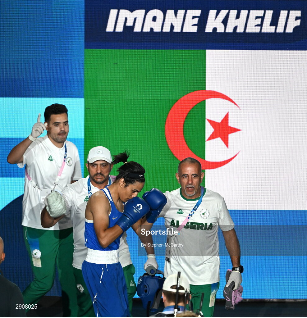 6 August 2024; Imane Khelif of Team Algeria makes her way out for her women's 66kg semi-final bout against Janjaem Suwannapheng of Team Thailand at Court Philippe-Chatrier in Roland Garros Stadium during the 2024 Paris Summer Olympic Games in Paris, France. Photo by Stephen McCarthy/Sportsfile