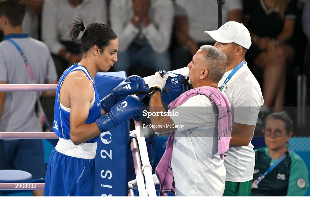 6 August 2024; Imane Khelif of Team Algeria with her coaches in the corner during her women's 66kg semi-final bout against Janjaem Suwannapheng of Team Thailand at Court Philippe-Chatrier in Roland Garros Stadium during the 2024 Paris Summer Olympic Games in Paris, France. Photo by Stephen McCarthy/Sportsfile