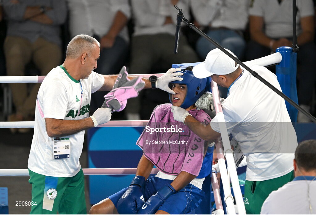 6 August 2024; Imane Khelif of Team Algeria with her coaches in the corner during her women's 66kg semi-final bout against Janjaem Suwannapheng of Team Thailand at Court Philippe-Chatrier in Roland Garros Stadium during the 2024 Paris Summer Olympic Games in Paris, France. Photo by Stephen McCarthy/Sportsfile