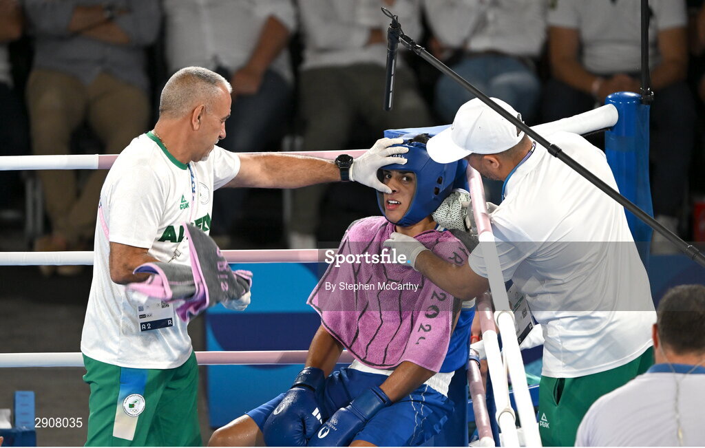 6 August 2024; Imane Khelif of Team Algeria with her coaches in the corner during her women's 66kg semi-final bout against Janjaem Suwannapheng of Team Thailand at Court Philippe-Chatrier in Roland Garros Stadium during the 2024 Paris Summer Olympic Games in Paris, France. Photo by Stephen McCarthy/Sportsfile